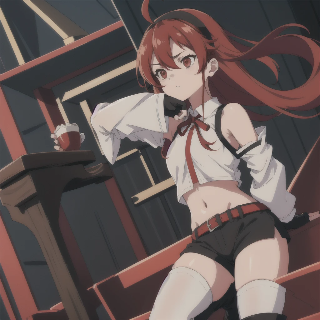 (masterpiece, best quality), intricate details,
1girl, solo,eris greyrat, ahoge, hair between eyes, long hair, (red eyes:1.5), red hair, sidelocks, (small breast:1.2), eris greyrat, ahoge, hair between eyes, long hair, (red eyes:1.5), red hair, sidelocks, (large breast:1.2), black hairband, black ribbon
brown skirt, hairband, long sleeves, neck ribbon, pantyhose, ribbon, shirt, shoulder cutout, skirt, white pantyhose, white shirt, wide sleeves, bare arms, bare shoulders, belt, black footwear, black gloves, black shorts, black thighhighs, boots, crop top, fingerless gloves, gloves, hairband, black hairband, midriff, navel, shirt, short shorts, shorts, sleeveless, sleeveless shirt, stomach, thigh boots, thighhighs, white shirt, wing collar,