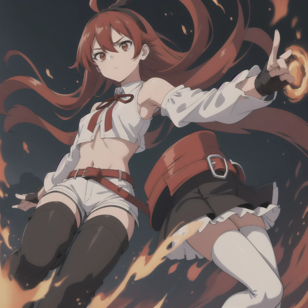 (masterpiece, best quality),  intricate details,
1girl, solo,eris greyrat, ahoge, hair between eyes, long hair, (red eyes:1.5), red hair, sidelocks, (small breast:1.2), eris greyrat, ahoge, hair between eyes, long hair, (red eyes:1.5), red hair, sidelocks, (large breast:1.2), black hairband, black ribbon
brown skirt, hairband, long sleeves, neck ribbon, pantyhose, ribbon, shirt, shoulder cutout, skirt, white pantyhose, white shirt, wide sleeves, bare arms, bare shoulders, belt, black footwear, black gloves, black shorts, black thighhighs, boots, crop top, fingerless gloves, gloves, hairband, black hairband, midriff, navel, shirt, short shorts, shorts, sleeveless, sleeveless shirt, stomach, thigh boots, thighhighs, white shirt, wing collar,