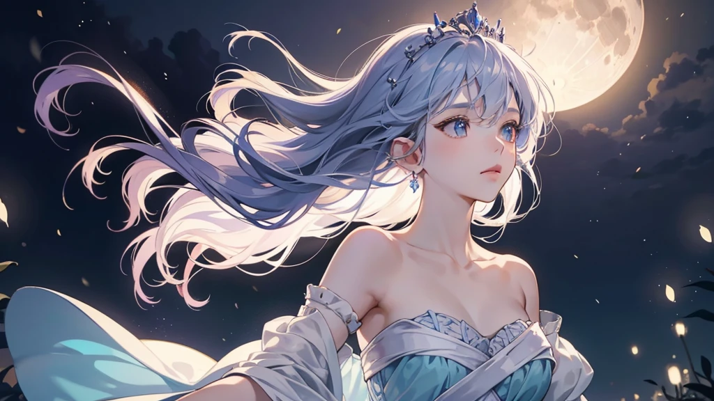 A princess with a delicate and beautiful face, large eyes, and translucent skin is looking up at the moon from a castle, enchantingly dressed in a traditional and glamorous medieval European dress and wearing a large hair ornament. A gentle, warm light surrounds the princess. The background is filled with soft out-of-focus light, and the pale blue and purple tones create a dreamy, serene, and enchanting atmosphere. Fireflies glowing in the moonlit night surround the princess, adding to the magical and ethereal atmosphere. Emphasis on the armpit and clavicle