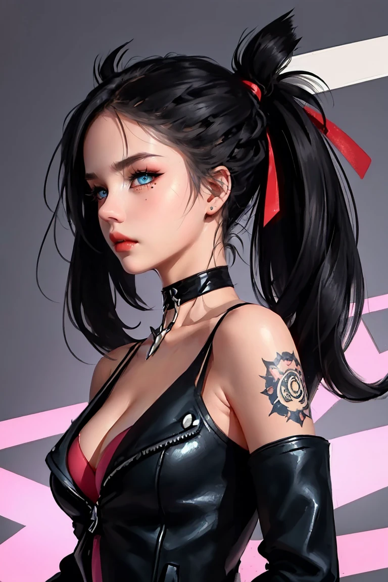 close up of face, Marnie (pokemon), punk, sucubbus, beautiful eyes, aqua eyes, choker, red ribbon, Side bangs, black hair, Voluminous hair, side ponytails, black lether jacket, pink dress, torn clothes, big breasts, london backgrond, (beautiful detailed face, beautiful detailed eyes), High contrast, (best illumination, an extremely delicate and beautiful), ((caustic, sexy, charming, seductive)), british woman, arms down, upper body, Adult, 26 years.