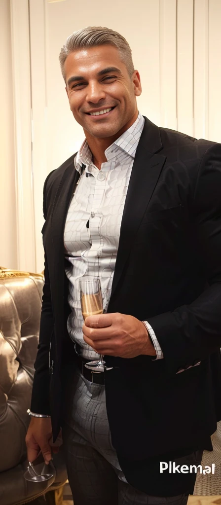 smiling man in a suit jacket holding glass of champagne. Big muscles, bodybuilder, tight clothing, tight shirt (wearing a black suit jacket, white checkered pattern shirt, big muscles, big pectorals, visable cleavage, covered nipples, tight tan chinos, big bulge, grey hair)