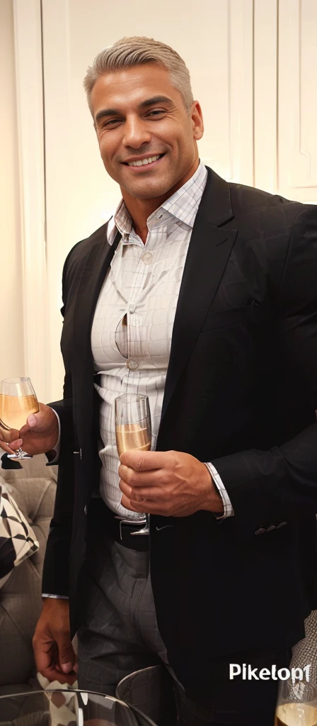 smiling man in a suit jacket holding glass of champagne. Big muscles, bodybuilder, tight clothing, tight shirt (wearing a black suit jacket, white checkered pattern shirt, big muscles, big pectorals, visable cleavage, covered nipples, tight tan chinos, big bulge, grey hair)