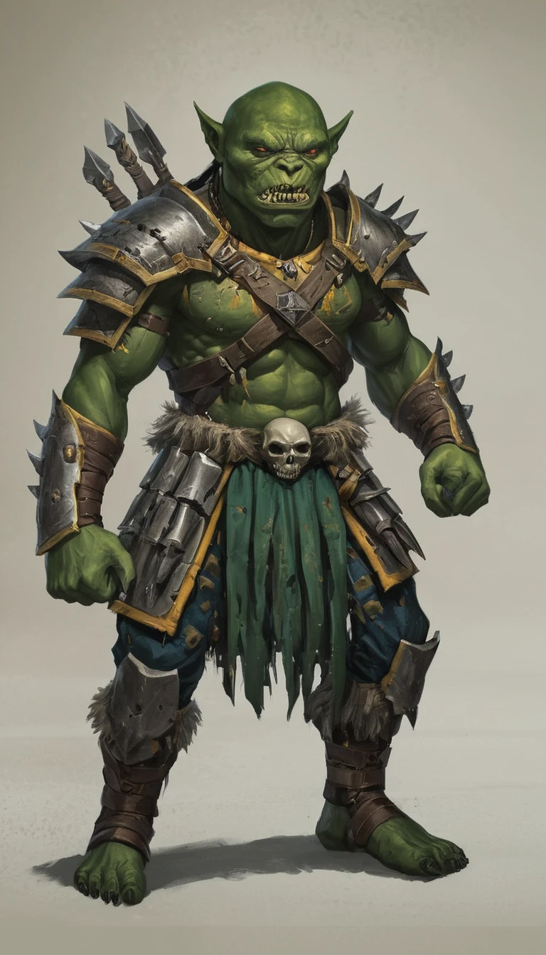 Grunkar is imposing, over two meters tall and with robust muscles. His dark green skin is covered in scars from past battles., and your yellow eyes shine with determination. Ele veste uma armadura pesada de placas, adorned with bones and trophies of her victories, e carrega um machado de guerra gigantesco, whose blade is always sharp.During a raid against a human village, Grunkar saw the devastation and suffering his tribe was causing and decided he could no longer follow that path.. Challenging your own leader, Grunkar abandoned the Broken Skulls, jurando usar suas habilidades de combate para defender os inocentes e lutar por uma causa maior.Agora, he roams the lands in search of adventure and injustices to right, using your brute strength to protect those who cannot defend themselves. Even though it is viewed with suspicion by many, Grunkar seeks to prove that an orc can be more than a mere instrument of destruction.