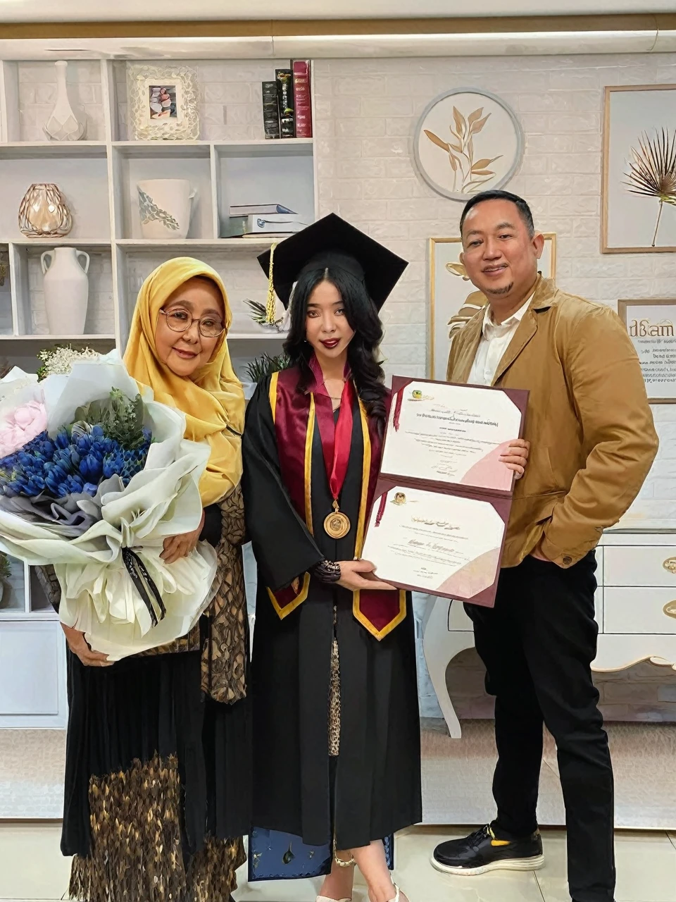 A detailed image of a graduation scene featuring three individuals. The person on the left is an older woman wearing a black dress with golden brown patterns and a yellow hijab. She has an oval face with slightly full cheeks and wears glasses. She is holding a large bouquet of flowers tied with a ribbon. The person in the middle is a young woman in a black graduation gown with maroon and yellow trim, and a blue dress underneath. She wears a black graduation cap with a yellow tassel. She has long black hair, thick eyebrows, large eyes, and thin lips. A gold medal hangs around her neck, and she holds two diplomas. The person on the right is a man wearing a light brown jacket, a white shirt, and black pants. He has a round face, short black hair, and a broad smile. He stands holding the diploma with the middle person. The background features a modern interior with shelves and decor items.