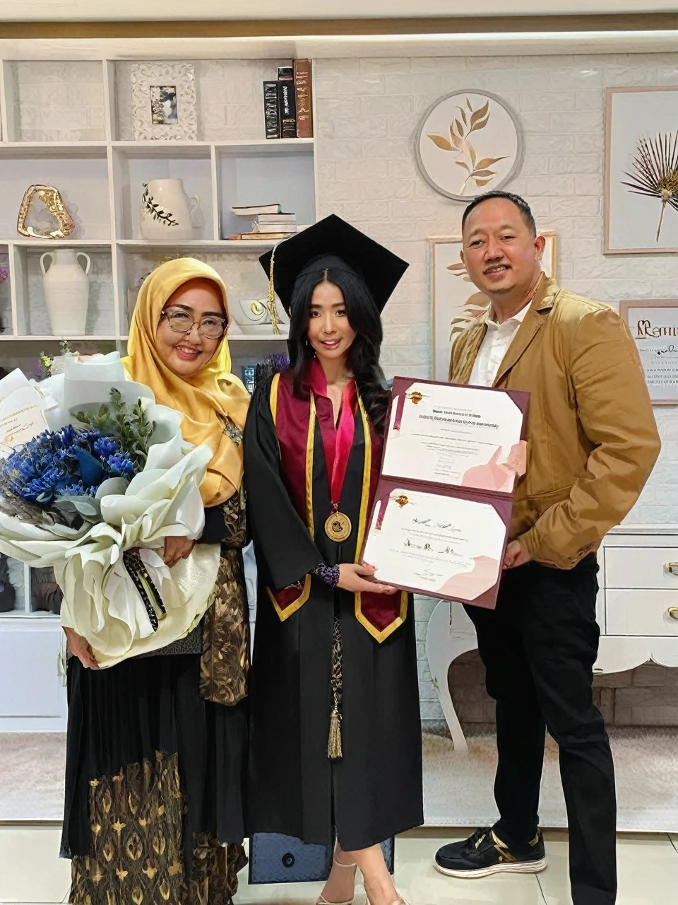 A detailed image of a graduation scene featuring three individuals. The person on the left is an older woman wearing a black dress with golden brown patterns and a yellow hijab. She has an oval face with slightly full cheeks and wears glasses. She is holding a large bouquet of flowers tied with a ribbon. The person in the middle is a young woman in a black graduation gown with maroon and yellow trim, and a blue dress underneath. She wears a black graduation cap with a yellow tassel. She has long black hair, thick eyebrows, large eyes, and thin lips. A gold medal hangs around her neck, and she holds two diplomas. The person on the right is a man wearing a light brown jacket, a white shirt, and black pants. He has a round face, short black hair, and a broad smile. He stands holding the diploma with the middle person. The background features a modern interior with shelves and decor items.