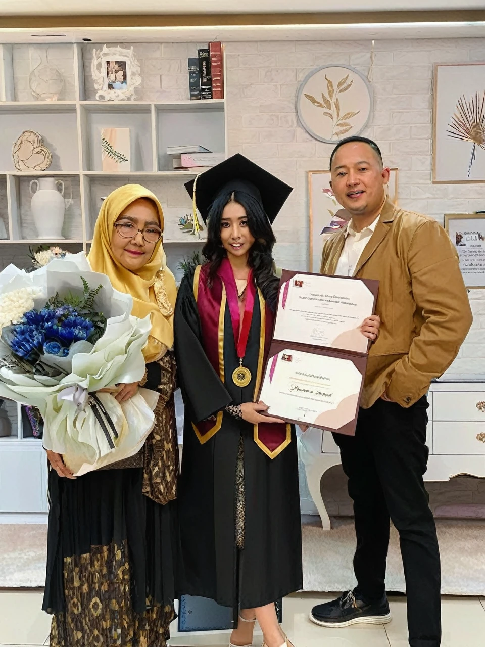A detailed image of a graduation scene featuring three individuals. The person on the left is an older woman wearing a black dress with golden brown patterns and a yellow hijab. She has an oval face with slightly full cheeks and wears glasses. She is holding a large bouquet of flowers tied with a ribbon. The person in the middle is a young woman in a black graduation gown with maroon and yellow trim, and a blue dress underneath. She wears a black graduation cap with a yellow tassel. She has long black hair, thick eyebrows, large eyes, and thin lips. A gold medal hangs around her neck, and she holds two diplomas. The person on the right is a man wearing a light brown jacket, a white shirt, and black pants. He has a round face, short black hair, and a broad smile. He stands holding the diploma with the middle person. The background features a modern interior with shelves and decor items.
