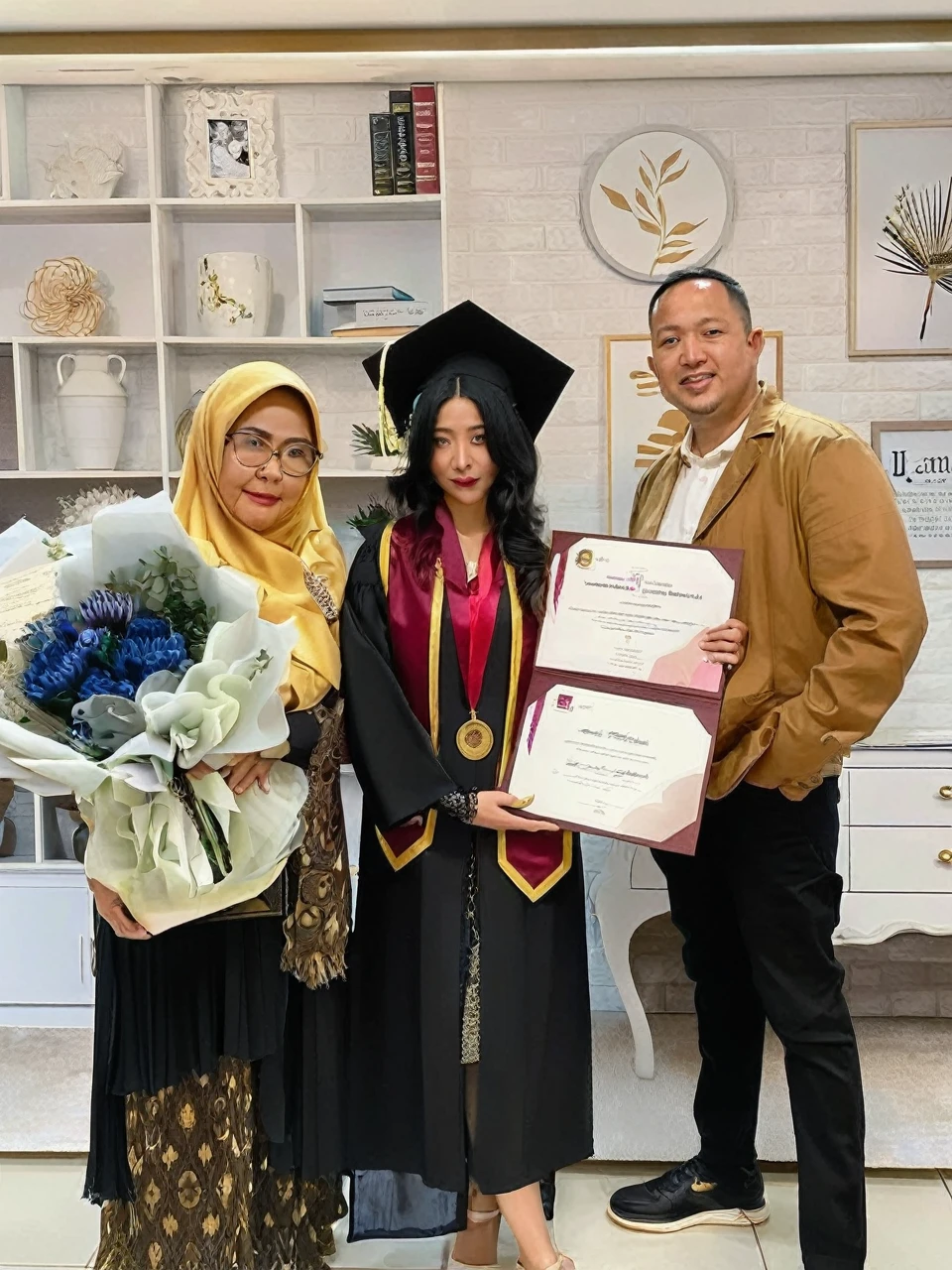 A detailed image of a graduation scene featuring three individuals. The person on the left is an older woman wearing a black dress with golden brown patterns and a yellow hijab. She has an oval face with slightly full cheeks and wears glasses. She is holding a large bouquet of flowers tied with a ribbon. The person in the middle is a young woman in a black graduation gown with maroon and yellow trim, and a blue dress underneath. She wears a black graduation cap with a yellow tassel. She has long black hair, thick eyebrows, large eyes, and thin lips. A gold medal hangs around her neck, and she holds two diplomas. The person on the right is a man wearing a light brown jacket, a white shirt, and black pants. He has a round face, short black hair, and a broad smile. He stands holding the diploma with the middle person. The background features a modern interior with shelves and decor items.