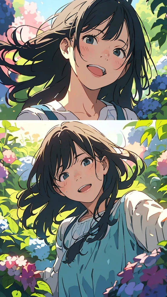 Reasonable design, Clear lines, High Sharpness, (Highest quality,4k,Perfect sharpness,Ultra fine,High resolution,masterpiece:1.2), Perfect Anatomy:1.5, Official Art, Illustrations that tell a story, (Whitish background:0. 9)、Body Positivity、多Mr.な身体表現、(Random and energetic poses)、Perfect beauty、Perfect beautiful face、Strong winds、A rich expression、Dynamic composition、smile、Golden ratio composition、colorful、((Mr.々Different angles and perspectives))、Anime Art、(Mini dress)、(Overcoming stereotypes)、 Glowing Skin、(Natural beauty)、smile、Bangs、(Soft and flowing hair)、(countryside)、(Nostalgic atmosphere)、Put up to your feet、(Playful and carefree)、(多Mr.な民族のキャラクター)、(innocent attitude)、(Sunny atmosphere)、(The skirt flutters wildly in the wind)、(Bright colors)、Beautiful Eyes、(Embarrassing)、Braided Hair、Summer Scene、Smiling among hydrangeas