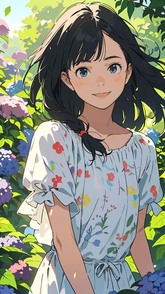 Reasonable design, Clear lines, High Sharpness, (Highest quality,4k,Perfect sharpness,Ultra fine,High resolution,masterpiece:1.2), Perfect Anatomy:1.5, Official Art, Illustrations that tell a story, (Whitish background:0. 9）、Body Positivity、多Mr.な身体表現、（Random and energetic poses）、Perfect beauty、Perfect beautiful face、Strong winds、A rich expression、Dynamic composition、smile、Golden ratio composition、colorful、（(Mr.々Different angles and perspectives)）、Anime Art、(Mini dress)、（Overcoming stereotypes）、 Glowing Skin、（Natural beauty）、smile、Bangs、（Soft and flowing hair）、（countryside）、（Nostalgic atmosphere）、Put up to your feet、（Playful and carefree）、（多Mr.な民族のキャラクター）、（innocent attitude）、（Sunny atmosphere）、(The skirt flutters wildly in the wind)、（Bright colors）、Beautiful Eyes、(Embarrassing)、Braided Hair、Summer Scene、Smiling among hydrangeas