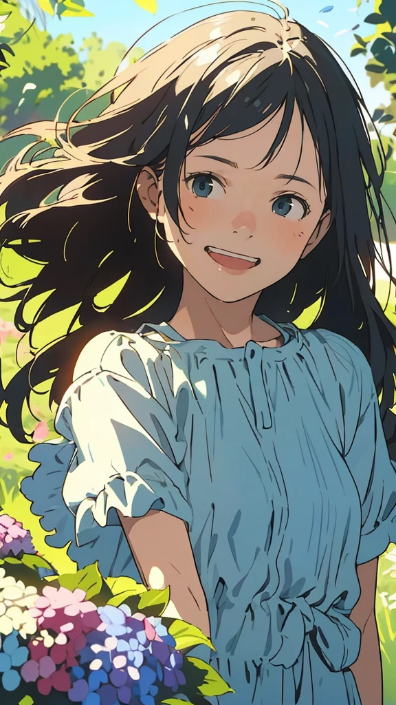Reasonable design, Clear lines, High Sharpness, (Highest quality,4k,Perfect sharpness,Ultra fine,High resolution,masterpiece:1.2), Perfect Anatomy:1.5, Official Art, Illustrations that tell a story, (Whitish background:0. 9)、Body Positivity、多Mr.な身体表現、(Random and energetic poses)、Perfect beauty、Perfect beautiful face、Strong winds、A rich expression、Dynamic composition、smile、Golden ratio composition、colorful、((Mr.々Different angles and perspectives))、Anime Art、(Mini dress)、(Overcoming stereotypes)、 Glowing Skin、(Natural beauty)、smile、Bangs、(Soft and flowing hair)、(countryside)、(Nostalgic atmosphere)、Put up to your feet、(Playful and carefree)、(多Mr.な民族のキャラクター)、(innocent attitude)、(Sunny atmosphere)、(The skirt flutters wildly in the wind)、(Bright colors)、Beautiful Eyes、(Embarrassing)、Braided Hair、Summer Scene、Smiling among hydrangeas