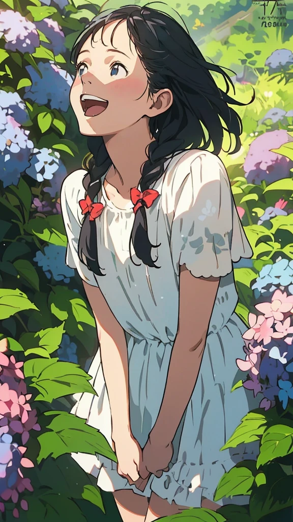 Reasonable design, Clear lines, High Sharpness, (Highest quality,4k,Perfect sharpness,Ultra fine,High resolution,masterpiece:1.2), Perfect Anatomy:1.5, Official Art, Illustrations that tell a story, (Whitish background:0. 9)、Body Positivity、多Mr.な身体表現、(Random and energetic poses)、Perfect beauty、Perfect beautiful face、Strong winds、A rich expression、Dynamic composition、smile、Golden ratio composition、colorful、((Mr.々Different angles and perspectives))、Anime Art、(Mini dress)、(Overcoming stereotypes)、 Glowing Skin、(Natural beauty)、smile、Bangs、(Soft and flowing hair)、(countryside)、(Nostalgic atmosphere)、Put up to your feet、(Playful and carefree)、(多Mr.な民族のキャラクター)、(innocent attitude)、(Sunny atmosphere)、(The skirt flutters wildly in the wind)、(Bright colors)、Beautiful Eyes、(Embarrassing)、Braided Hair、Summer Scene、Smiling among hydrangeas