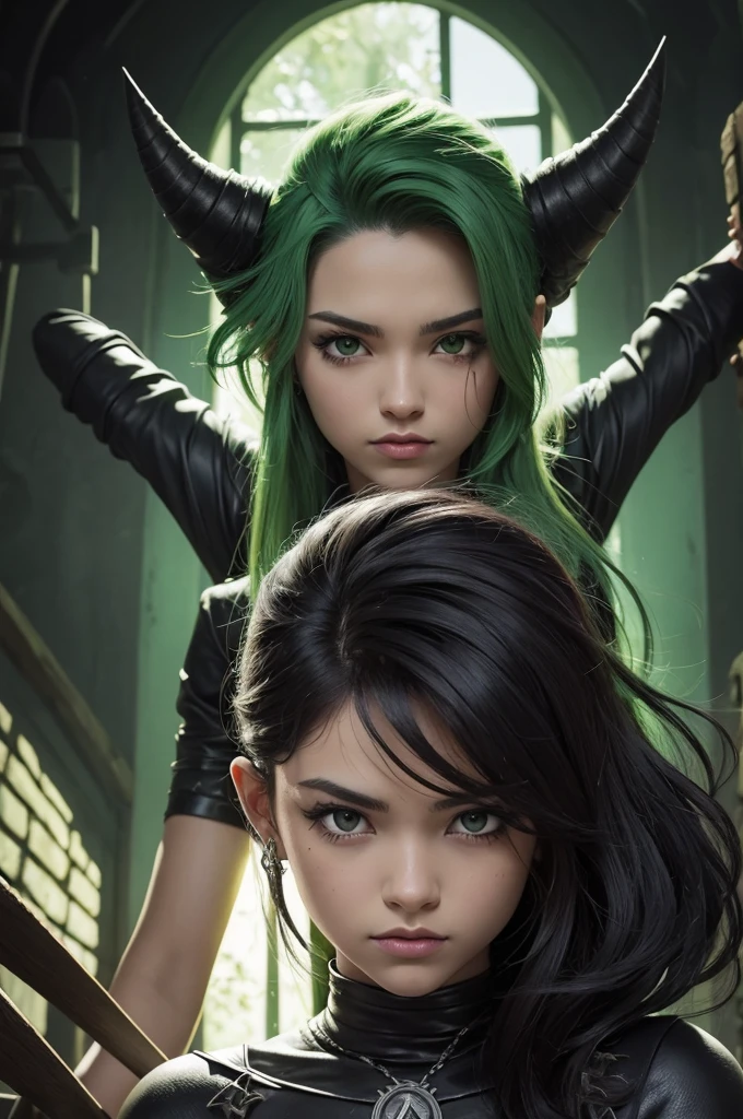 Make me a picture: Painel de quadrinhos. Demon Slayer. um jovem de longos cabelos cacheados,olhos e cabelos castanhos,ele usa um haori preto com detalhes de folhas verdes.