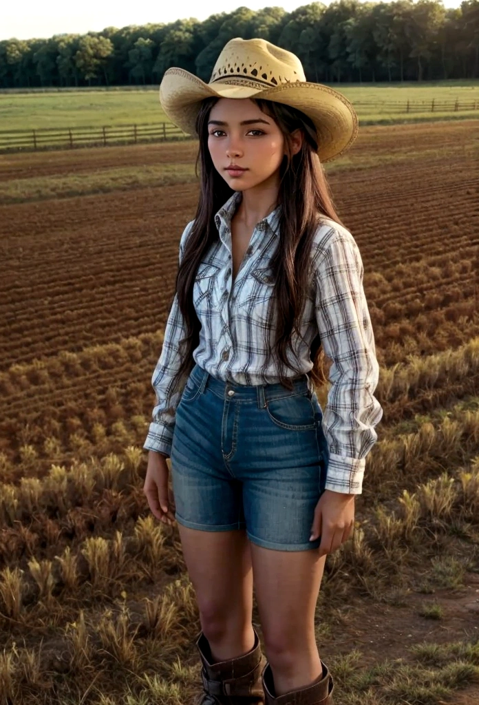 Ebony, brunette skin, farm girl, cowboy hat, farm background, age, boots, cowgirl, farm fem clothes