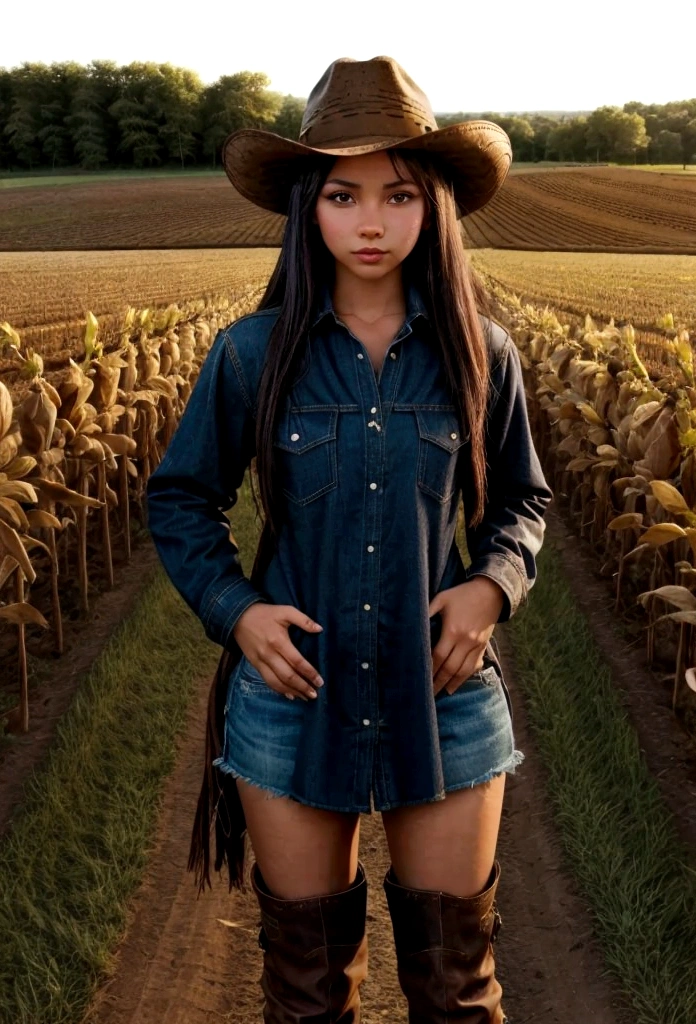Ebony, brunette skin, farm girl, cowboy hat, farm background, teenage, boots, cowgirl, farm fem clothes