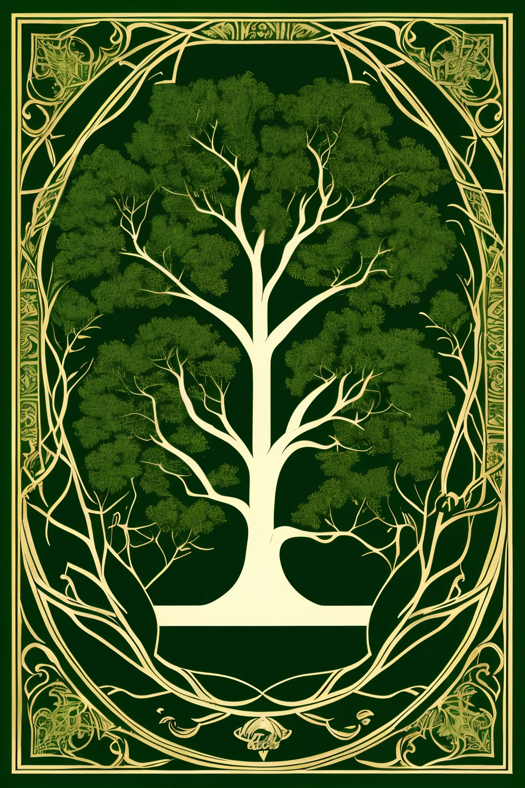 Craft an image with a moderately deep, verdant green background, reminiscent of the rich hues found in lush forests. In the center, skillfully sketch a stylized laurel symbol, imbued with a timeless grace. Surrounding this icon, nestle a simple vector shield, serving as a protective container. Inside the shield, delicately render a tree devoid of leaves, boasting only intricate, graceful branches. Adjust size and position meticulously to strike the perfect balance between elements. Upon completion, seamlessly export the masterpiece as a high-resolution PNG file.