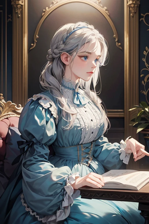 masterpiece, best quality, Practical, (absurd, High resolution, Super detailed), victorian era, Europe in the 18th century,noble, grey hair color,braid, blue eyes, Delicate and meticulous, 8K, Reality, Dramatic Lighting, high quality, Complex design, classical portrait, enlarged texture, Exquisite details