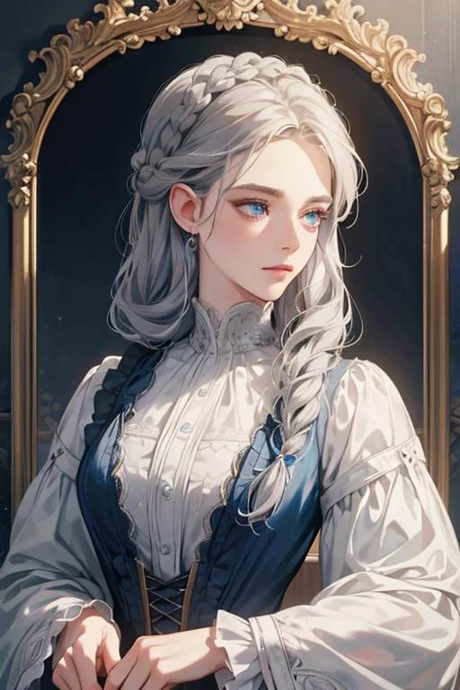 masterpiece, best quality, Practical, (absurd, High resolution, Super detailed), victorian era, Europe in the 18th century,noble, grey hair color,braid, blue eyes, Delicate and meticulous, 8K, Reality, Dramatic Lighting, high quality, Complex design, classical portrait, enlarged texture, Exquisite details