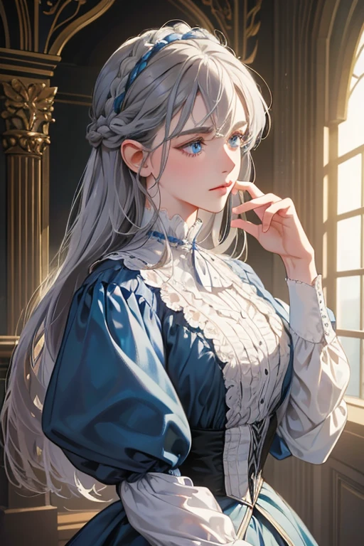 masterpiece, best quality, Practical, (absurd, High resolution, Super detailed), victorian era, Europe in the 18th century,noble, grey hair color,braid, blue eyes, Delicate and meticulous, 8K, Reality, Dramatic Lighting, high quality, Complex design, classical portrait, enlarged texture, Exquisite details