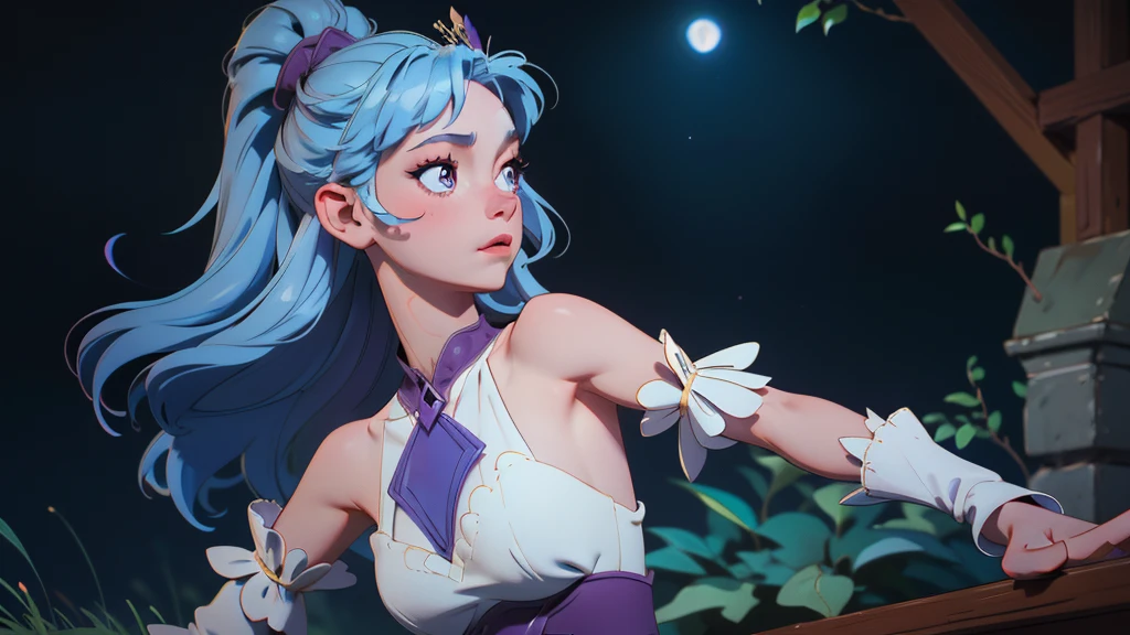 A princess with a delicate and beautiful face, large eyes, and translucent skin is looking up at the moon from a castle, enchantingly dressed in a traditional and glamorous medieval European dress and wearing a large hair ornament. A gentle, warm light surrounds the princess. The background is filled with soft out-of-focus light, and the pale blue and purple tones create a dreamy, serene, and enchanting atmosphere. Fireflies glowing in the moonlit night surround the princess, adding to the magical and ethereal atmosphere. Emphasis on the armpit and clavicle