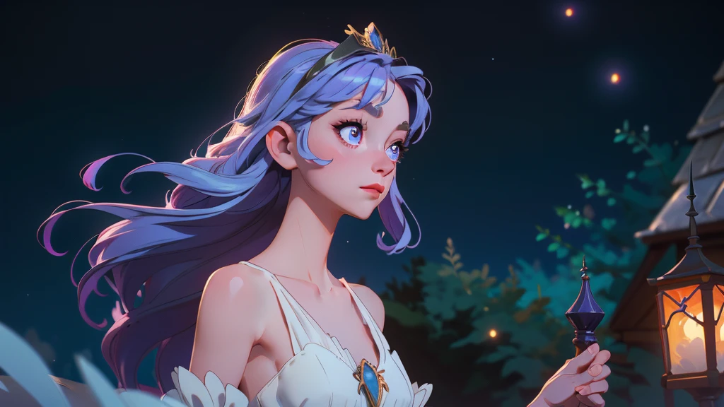 A princess with a delicate and beautiful face, large eyes, and translucent skin is looking up at the moon from a castle, enchantingly dressed in a traditional and glamorous medieval European dress and wearing a large hair ornament. A gentle, warm light surrounds the princess. The background is filled with soft out-of-focus light, and the pale blue and purple tones create a dreamy, serene, and enchanting atmosphere. Fireflies glowing in the moonlit night surround the princess, adding to the magical and ethereal atmosphere. Emphasis on the armpit and clavicle