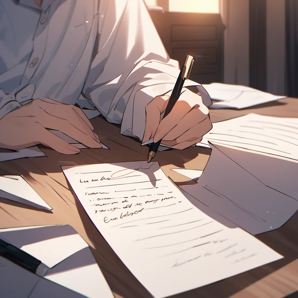 A philosopher writing a message in a letter, sentando em uma mesa no fundo de seu quarto, imagem 4K, 8K, detalhada