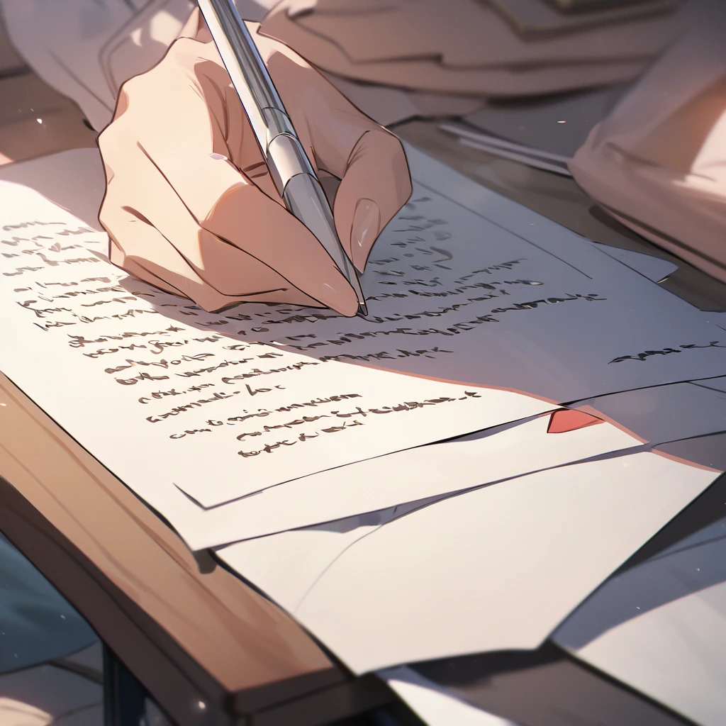 A philosopher writing a message in a letter, sentando em uma mesa no fundo de seu quarto, imagem 4K, 8K, detalhada
