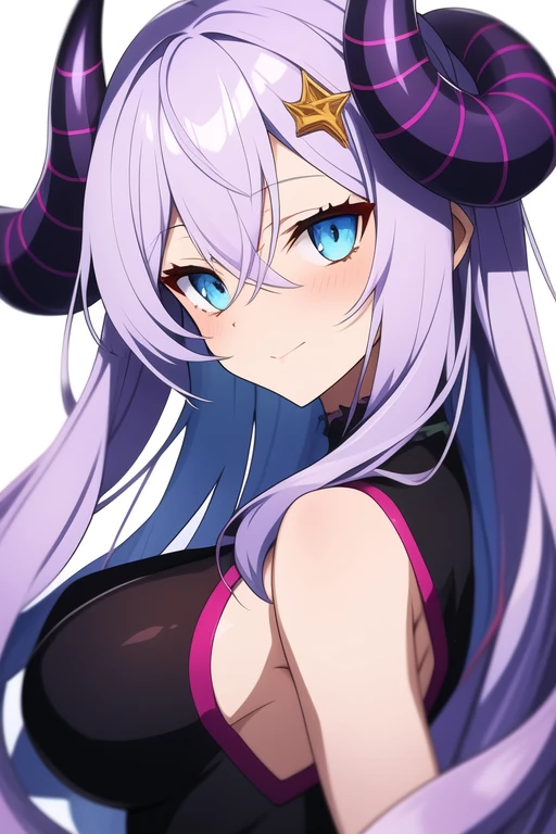 anime female demon with purple skin, long white hair, blue and amber eyes, and demon horns