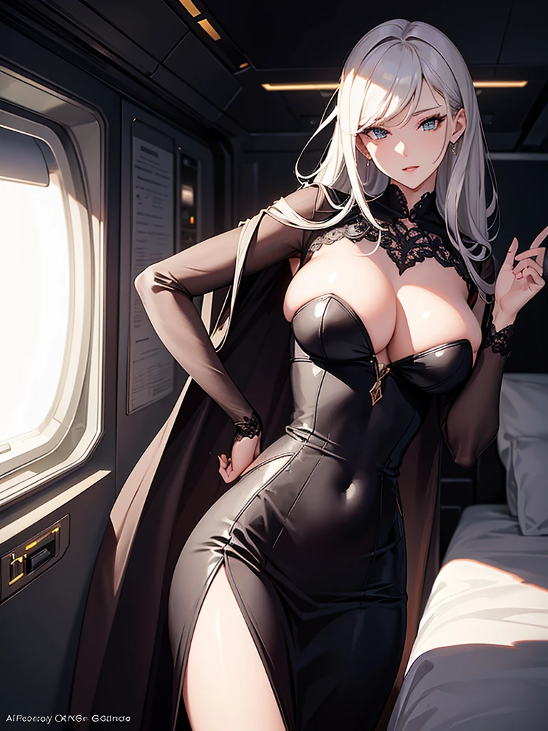 aeromosa, sexy flight attendant, beautiful woman, luxurious airplane interior, low-cut dress, seductive face, chiaroscuro lighting, intricate details, cinematic composition, dramatic atmosphere, photorealistic, 8k, ultra-detailed, masterpiece