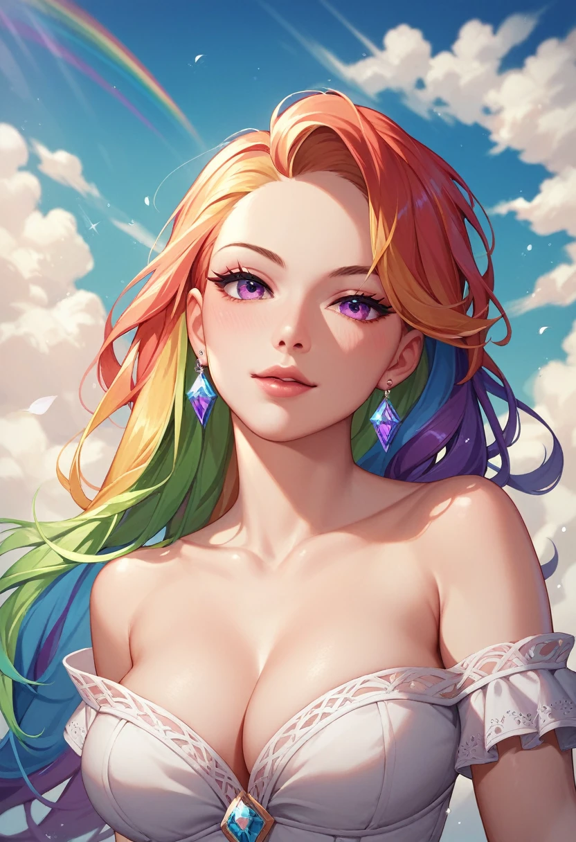 Mosaic rainbow in cloudy sunny sky, masterpiece, beautiful girl on a rainbow