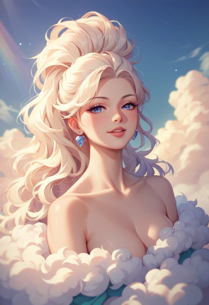 Mosaic rainbow in cloudy sunny sky, masterpiece, beautiful girl on a rainbow