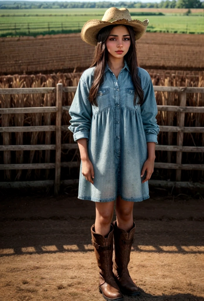 A age girl with ebony, brunette skin wearing a cowboy hat, cowgirl outfit, and boots, standing in a farm background, (best quality,4k,8k,highres,masterpiece:1.2),ultra-detailed,(realistic,photorealistic,photo-realistic:1.37),extremely detailed face and eyes, beautiful detailed lips, longeyelashes, farm girl, cowboy, farm fem clothes, farm setting, countryside background, natural lighting, muted tones, cinematic, award winning photograph