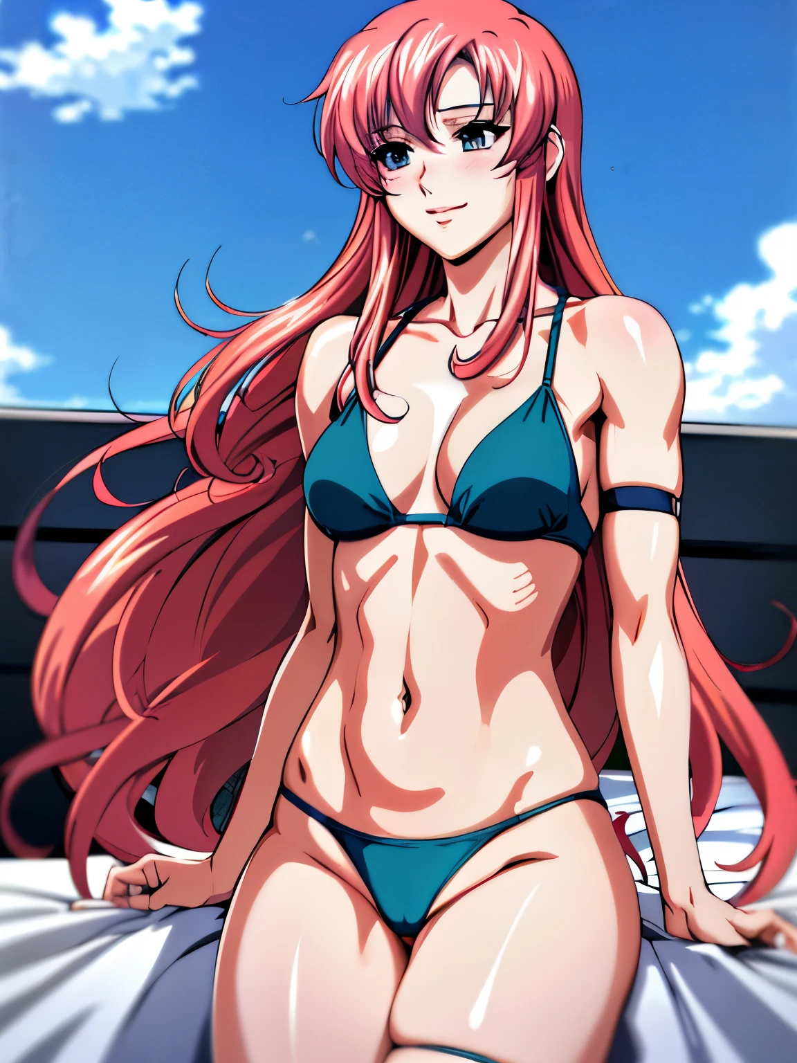 lacus4, (green bikini, lying, ((exposed pussy, lying on floor)), tall girl, focus on navel, masterpiece, ((laughing)), cowboy shot, very slim shoulders, 4K, Best Quality, Anime style: 1.9, happy, Adult Woman, (ultra detailed head), Drawing lines, high resolution, lacus4), clavicle, scapular, (Detailed wide hair bangs, Detailed reddish-pink hair, long detailed hair, slim arms, white skin), cleavage, (hair cover shoulders). (Big blue eyes, shiny eyes), ((female wrestler, (slim body), small shoulder blades, slim arms, thighs)), ((perfect proportions, medium breasts, medium thighs, half belly, defined arms)), ((leg strap)), smile with a wink, (lying on floor, hot colors), detailed fingers, (bare shoulder, looking away)
