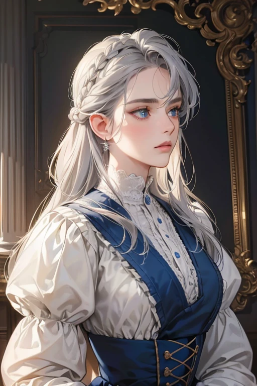 masterpiece, best quality, Practical, (absurd, High resolution, Super detailed), victorian era, Europe in the 18th century,noble, grey hair color,braid, blue eyes, Delicate and meticulous, 8K, Reality, Dramatic Lighting, high quality, Complex design, classical portrait, enlarged texture, Exquisite details