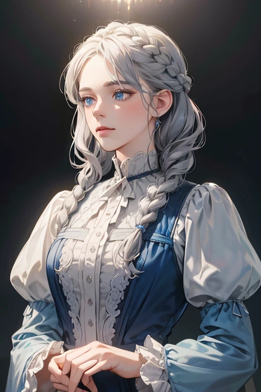 masterpiece, best quality, Practical, (absurd, High resolution, Super detailed), victorian era, Europe in the 18th century,noble, grey hair color,braid, blue eyes, Delicate and meticulous, 8K, Reality, Dramatic Lighting, high quality, Complex design, classical portrait, enlarged texture, Exquisite details
