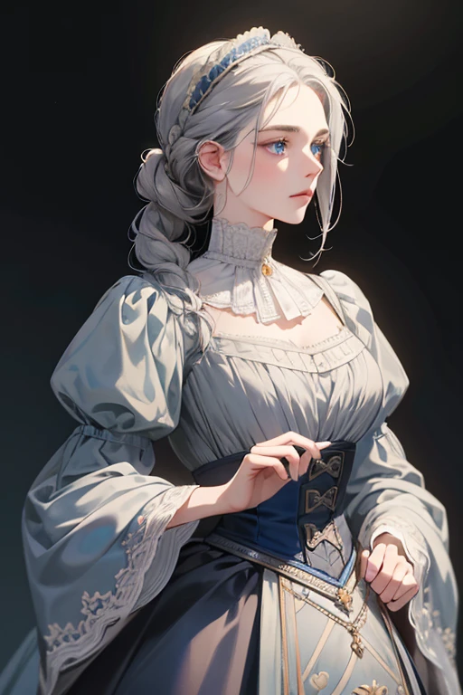 masterpiece, best quality, Practical, (absurd, High resolution, Super detailed), victorian era, Europe in the 18th century,noble, grey hair color,braid, blue eyes, Delicate and meticulous, 8K, Reality, Dramatic Lighting, high quality, Complex design, classical portrait, enlarged texture, Exquisite details