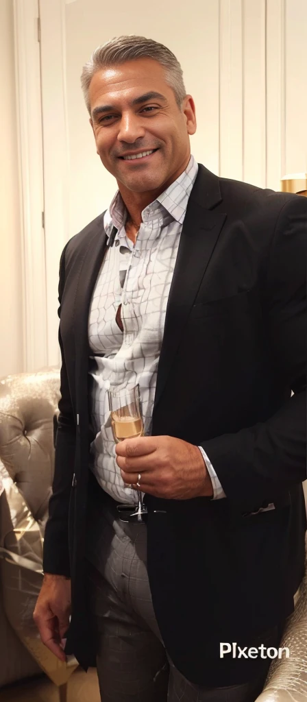 smiling handsome middle aged man in a suit, he is 50 years old, holding glass of champagne. Big muscles, bodybuilder, tight clothing, tight shirt (wearing a black suit jacket, white checkered pattern shirt, big muscles, big pectorals, visable cleavage, covered nipples, tight tan chinos, big bulge, grey hair)