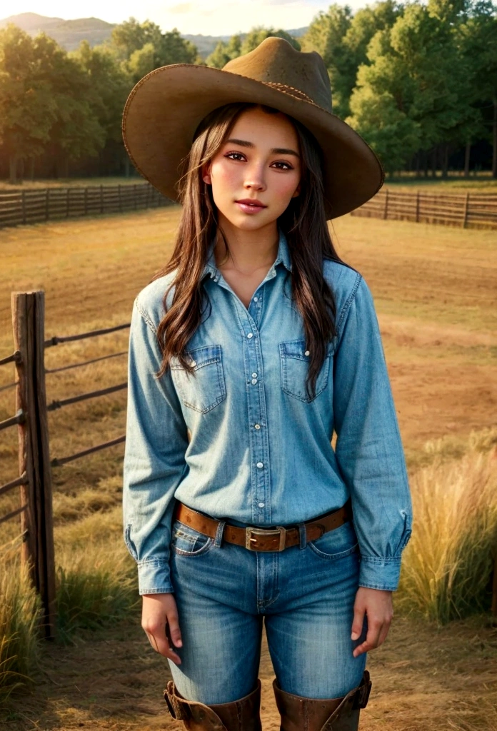 A beautiful teenage farm girl with ebony skin and brunette hair, wearing a cowboy hat, cowgirl outfit, and boots, in a rustic farm background, (best quality,4k,8k,highres,masterpiece:1.2),ultra-detailed,(realistic,photorealistic,photo-realistic:1.37),hyperrealistic, extremely detailed face and eyes, incredibly detailed skin, highly detailed clothing, farm, wooden fence, barn, field, crops, warm lighting