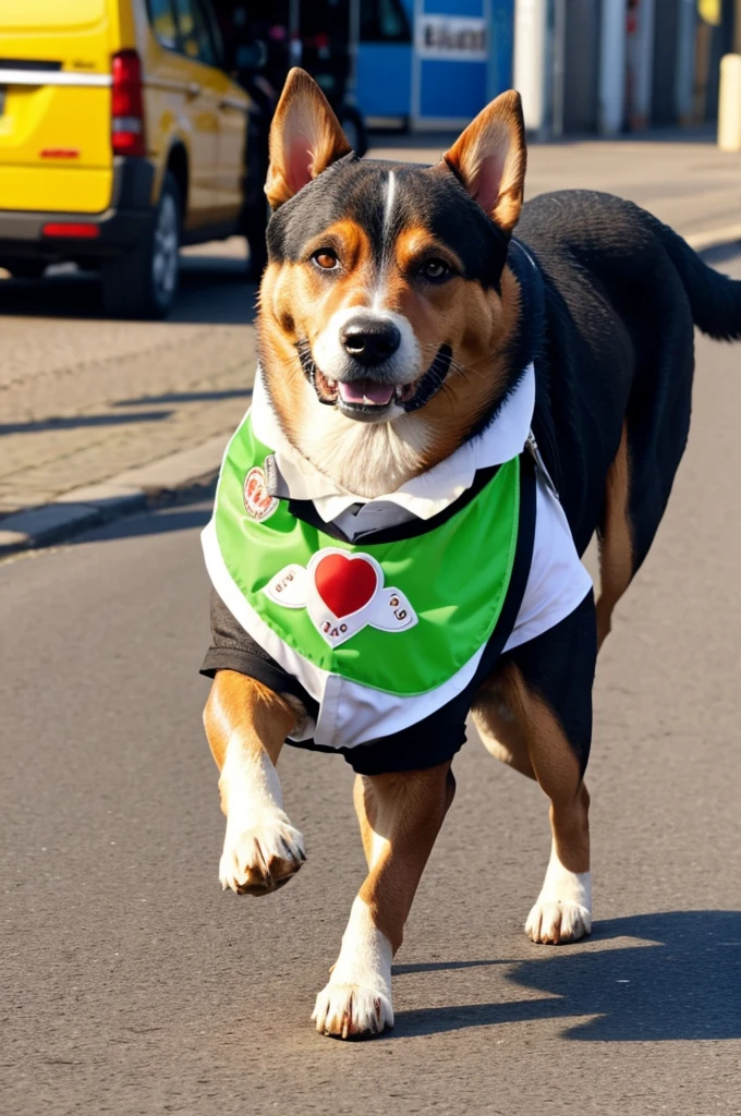 Perro volando cin traje de hamburguesa
