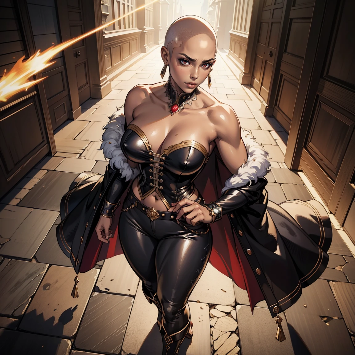 Masterpiece, Ultra extremely detailed, Insanely Definition - quality, 8k, (vibrant colors,vibrant theme), (intricate), full body , NSFW above view , full body view, large eyes , beautiful face , puffy lips , strapless tube top , brown shoulders , defined cheekbones, the pit style, silver tube top , silver tight pants , black skin, puffy lips, black skin, bald, black woman , bald woman , skinhead, sexy pose , Muscular , gigantic breasts , Volumetric lighting, baroque oil painting by Greg Rutkowski, Artgerm, WLOP, majestic, best shadow, light particles, art by artgerm and ruan jia and greg rutkowski, small Red cape , sidelighting, intricate details, silver and red color palette