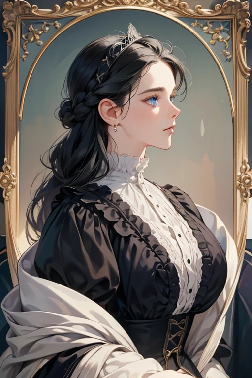 masterpiece, best quality, Practical, (absurd, High resolution, Super detailed), victorian era, Europe in the 18th century,noble, black hair color,braid, blue eyes, Delicate and meticulous, 8K, Reality, Dramatic Lighting, high quality, Complex design, classical portrait, enlarged texture, Exquisite details
