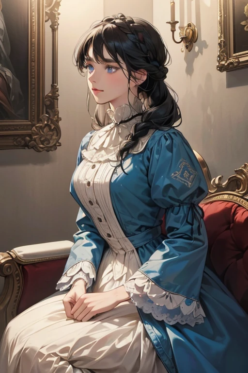 masterpiece, best quality, Practical, (absurd, High resolution, Super detailed), victorian era, Europe in the 18th century,noble, black hair color,braid, blue eyes, Delicate and meticulous, 8K, Reality, Dramatic Lighting, high quality, Complex design, classical portrait, enlarged texture, Exquisite details
