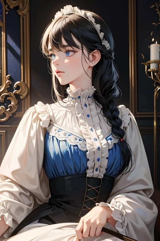 masterpiece, best quality, Practical, (absurd, High resolution, Super detailed), victorian era, Europe in the 18th century,noble, black hair color,braid, blue eyes, Delicate and meticulous, 8K, Reality, Dramatic Lighting, high quality, Complex design, classical portrait, enlarged texture, Exquisite details