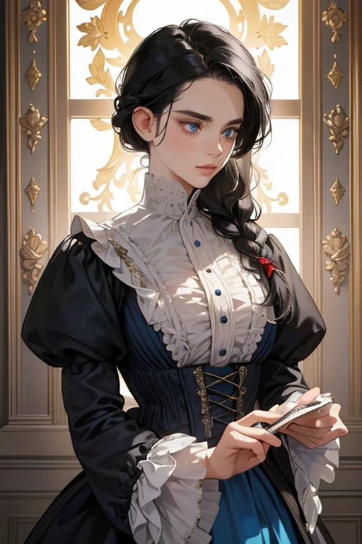 masterpiece, best quality, Practical, (absurd, High resolution, Super detailed), victorian era, Europe in the 18th century,noble, black hair color,braid, blue eyes, Delicate and meticulous, 8K, Reality, Dramatic Lighting, high quality, Complex design, classical portrait, enlarged texture, Exquisite details
