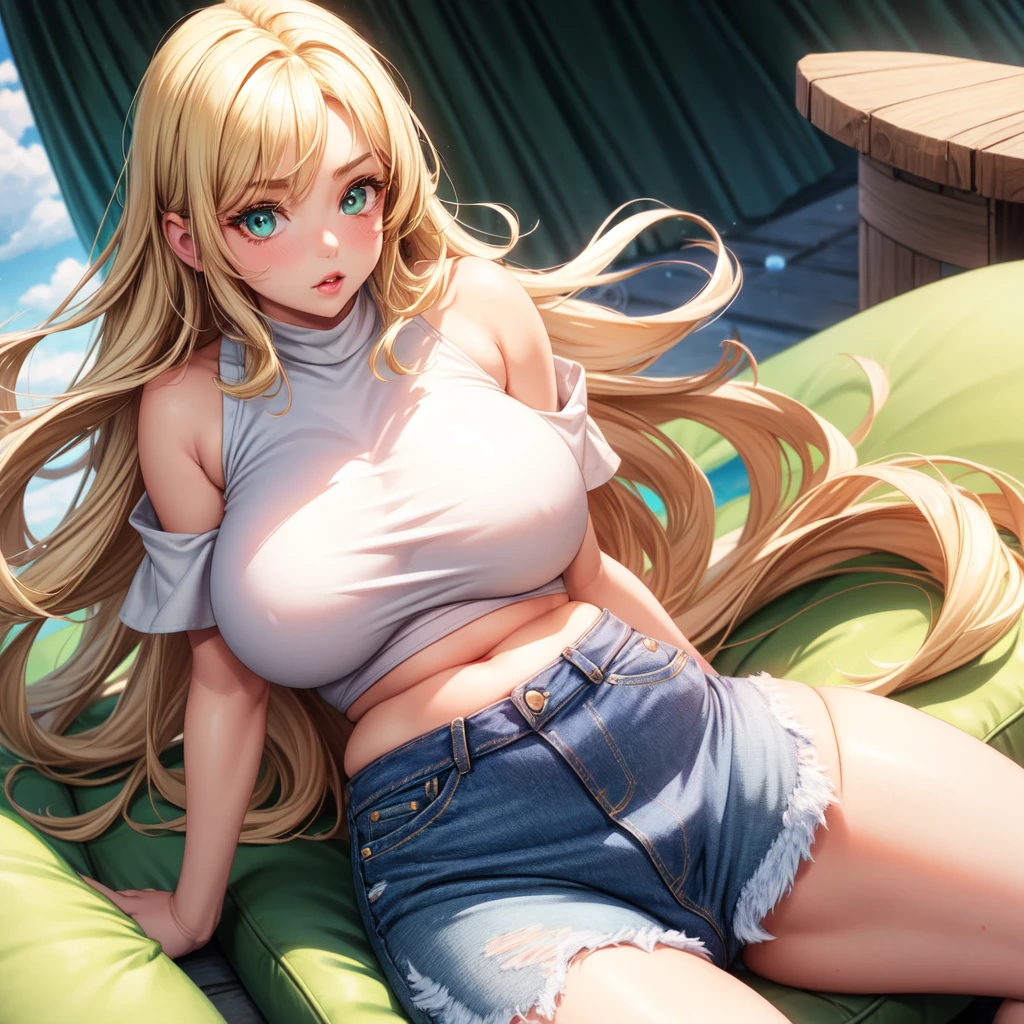 One girl, solo, Big round breasts,, curvy, realistic, blonde hair, light green eyes, amazing big eyes, eye details, eyebrow details, white crop top, denim skirt, cute face, big lips, blush, HD, good quality, crop top, curvy, standing up, lounge area