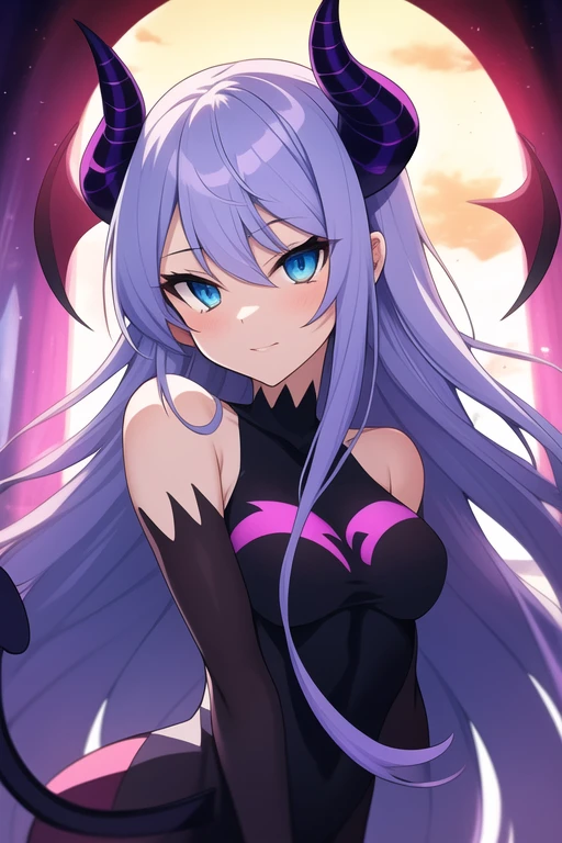 anime female demon with purple skin, long white hair, blue and amber eyes, and demon horns