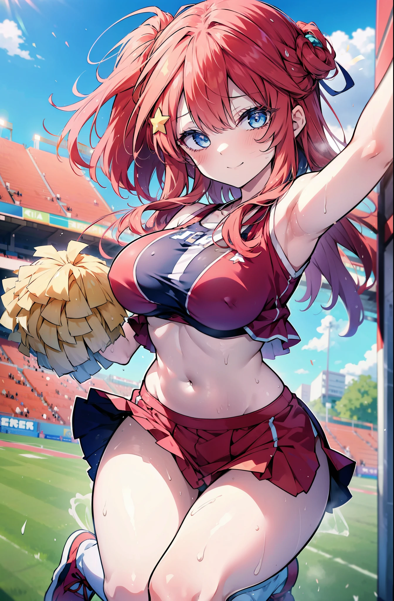 itsukinakano, Itsuki Nakano, bangs, blue eyes, hair between eyes, Ahoge, Redhead, star \(symbol\), happy smile, smile, Open your mouth,hair ornaments, star hair ornaments,(cheer leading), (whole body), Big Breasts, Lower, (Sweaty), Sweaty Wet Clothes (Red clothes),  No sleeve,Belly button support, playground, (Jump), (Jump), 足を曲げてJumpする, air, blue sky, Grass原, smileのチアリーダー, Pom-pom \(cheer leading\), Grass, whole bodyがイラストに入るように,crowd, people々々,
break outdoors, Stadium,
break looking at viewer, whole body,
break (masterpiece:1.2), Highest quality, High resolution, unity 8k wallpaper, (shape:0.8), (Fine and beautiful eyes:1.6), Highly detailed face, Perfect lighting, Highly detailed CG, (Perfect hands, Perfect Anatomy),