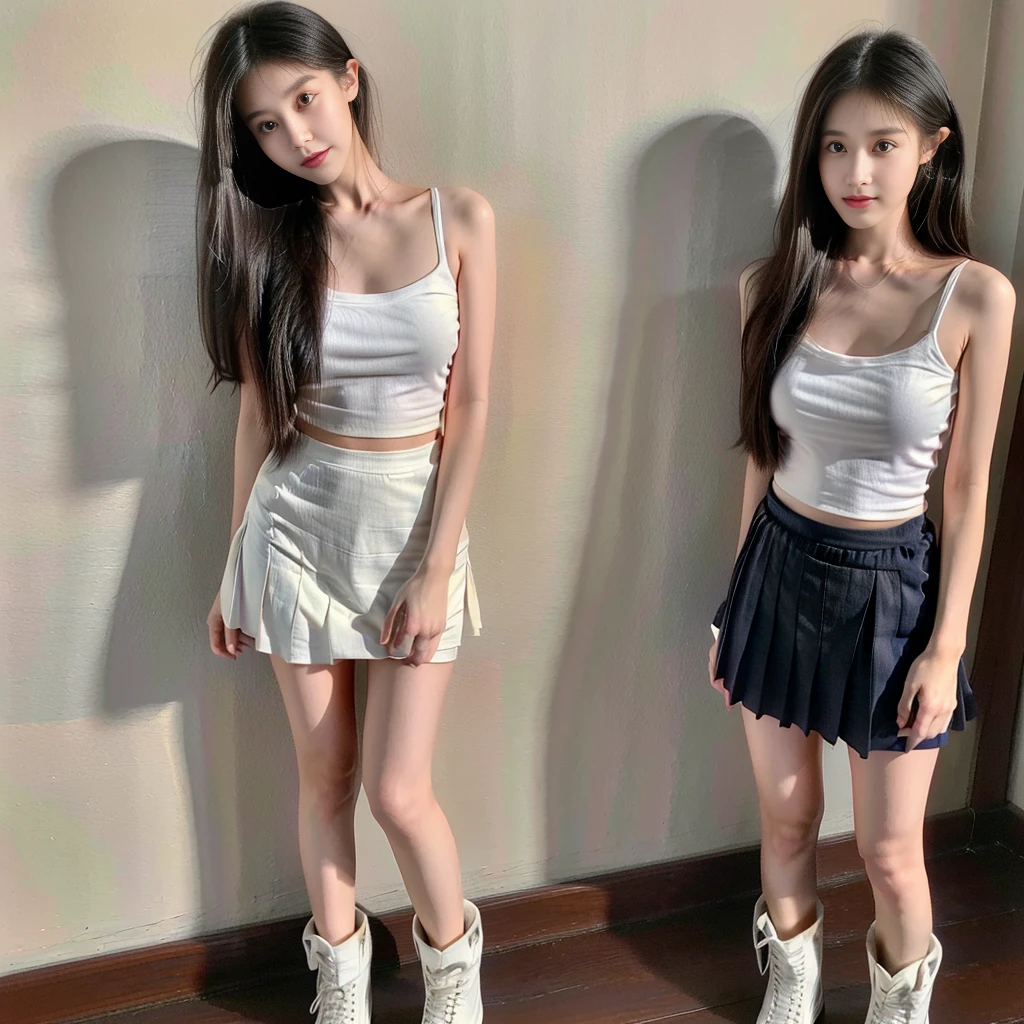 , twinsies、The ultra-detailliert, (A hem full flared shorts), (Oversized T-shirt with excess fabric when tucked into a skirt), (white strapless shirt), (Skirt full thigh), (knee-length outfit), ((full-body standing image)), (cotton spaghetti-strap top), (Scottish pleated midi skirt), (black midi skirt), (white sneakers), (a pair of white leather boots, highly detailed boots), (32K,1 20-year-old girl, The light from the rear room is backlit, Ray traching), (top meets shorts), (bare arms), (bare shoulder), (A hem full flared shorts, (upper breasts are firm), (short upper chest), (full breasts), (shorts), (large knee), (large shin)
