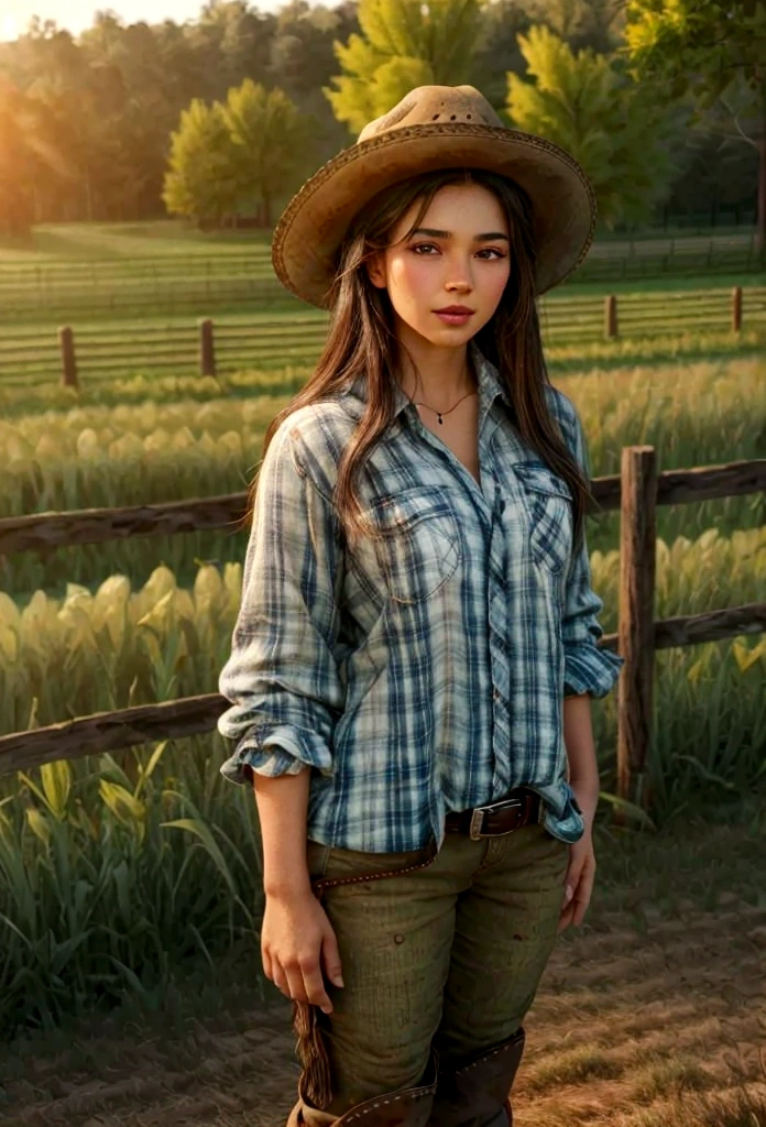 A beautiful age farm girl with ebony skin and brunette hair, wearing a cowboy hat, cowgirl outfit, and boots, in a rustic farm background, (best quality,4k,8k,highres,masterpiece:1.2),ultra-detailed,(realistic,photorealistic,photo-realistic:1.37),hyperrealistic, extremely detailed face and eyes, incredibly detailed skin, highly detailed clothing, farm, wooden fence, barn, field, crops, warm lighting