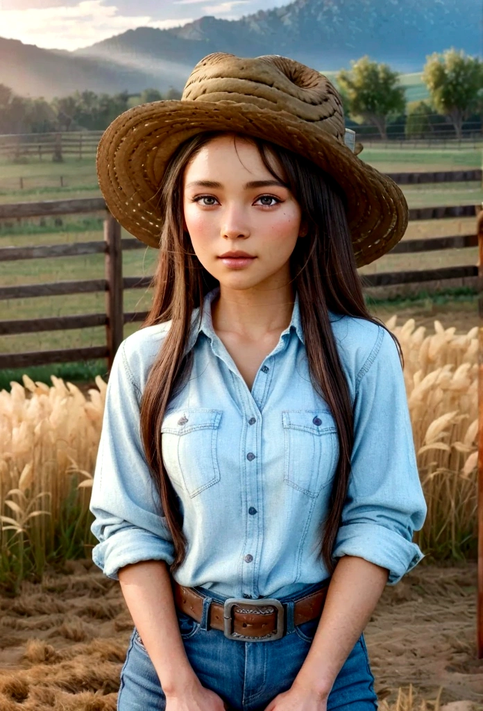 A beautiful teenage farm girl with ebony skin and brunette hair, wearing a cowboy hat, cowgirl outfit, and boots, in a rustic farm background, (best quality,4k,8k,highres,masterpiece:1.2),ultra-detailed,(realistic,photorealistic,photo-realistic:1.37),hyperrealistic, extremely detailed face and eyes, incredibly detailed skin, highly detailed clothing, farm, wooden fence, barn, field, crops, warm lighting