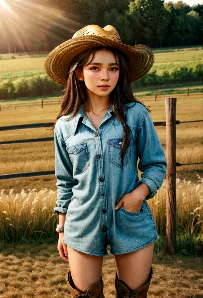 A beautiful teenage farm girl with ebony skin and brunette hair, wearing a cowboy hat, cowgirl outfit, and boots, in a rustic farm background, (best quality,4k,8k,highres,masterpiece:1.2),ultra-detailed,(realistic,photorealistic,photo-realistic:1.37),hyperrealistic, extremely detailed face and eyes, incredibly detailed skin, highly detailed clothing, farm, wooden fence, barn, field, crops, warm lighting